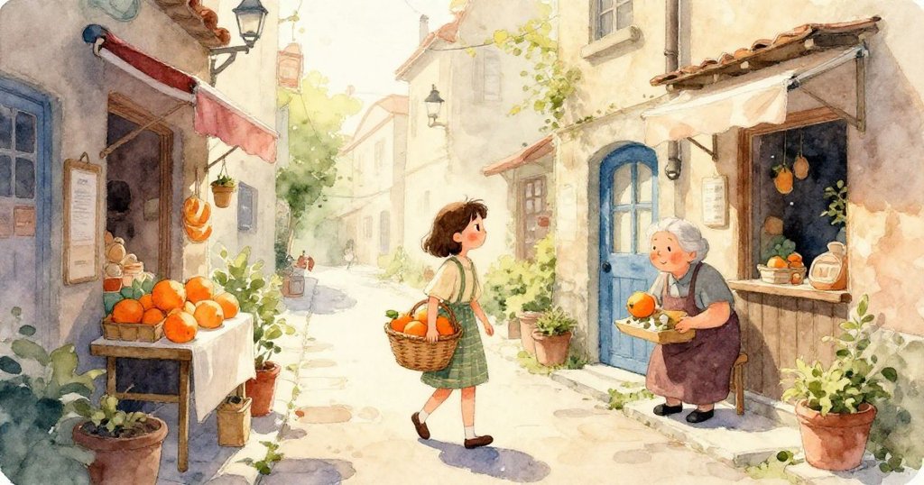 忙碌街道中，男子持相機驚退，腳架碰倒鐵玩具，鴿子飛舞，動態瞬間展現時間變換與驚喜。