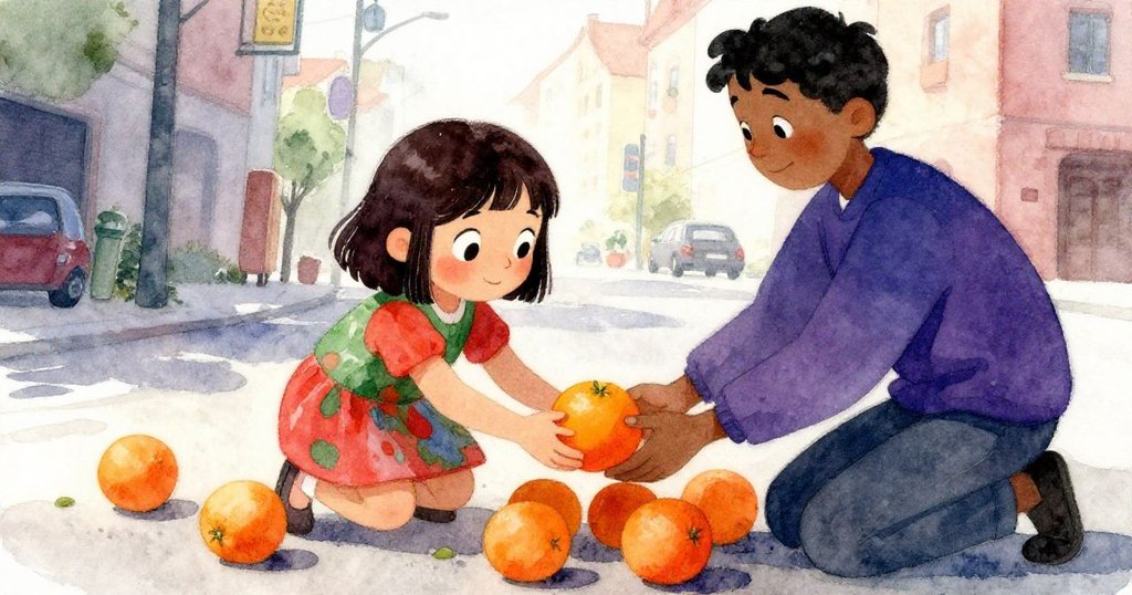 Nikki急忙撿拾滾落橙子，臉上帶著焦慮與堅定，熱心志工卻溫柔歸還水果，呈現挑戰與化解。