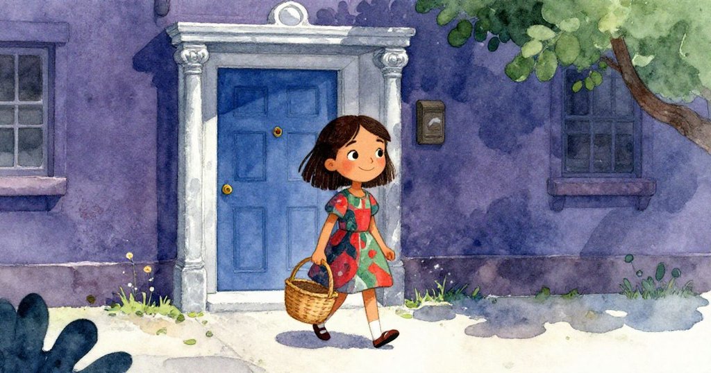 Nikki點頭微笑，穩固籃子隨步前行，走向充滿溫馨與希望的小藍門，展現新開始的勇氣。