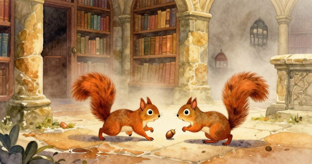 小松鼠在圖書館後院追逐滾動的橡果，晨霧輕繞，石板濕潤，動感明亮，進入冒險序章