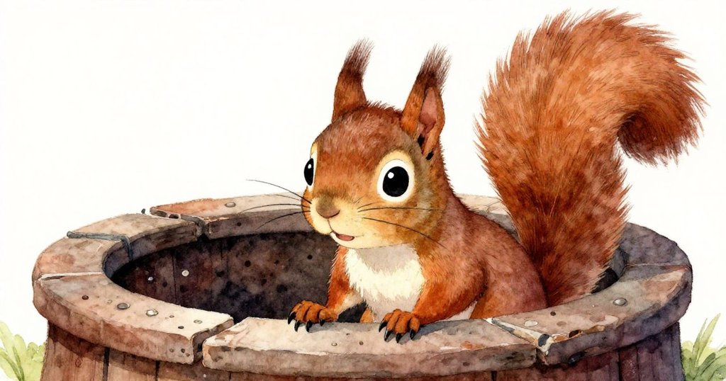 小松鼠凝視破舊水井，眼神中充滿好奇與驚奇，靠近井邊，細膩毛髮和石質邊緣明顯