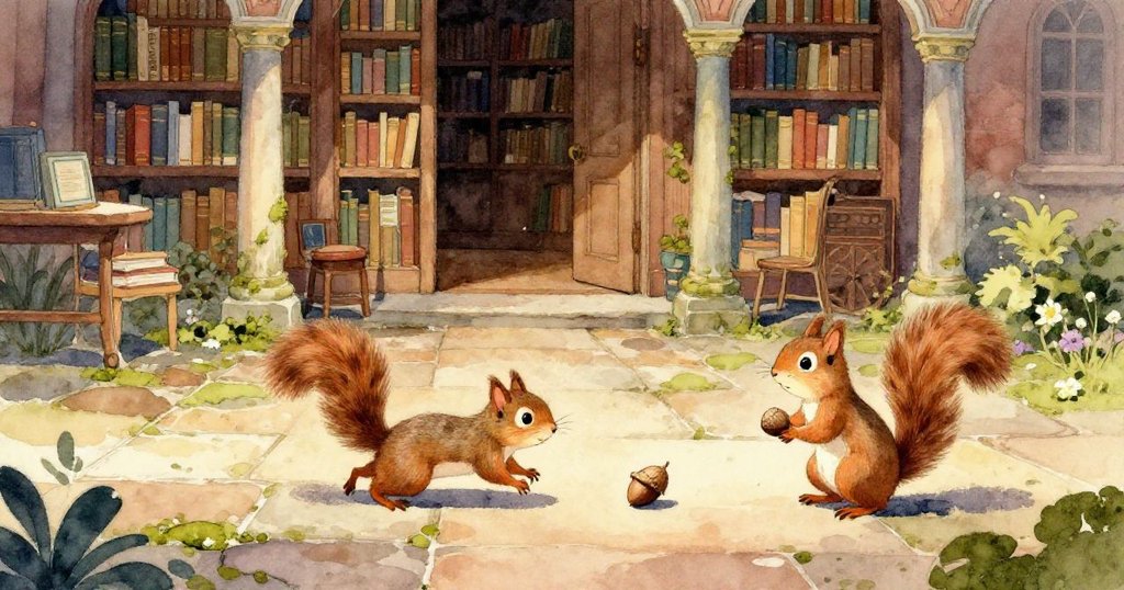 破舊字典撞擊水井內狹窄台階，溼潤光影映照出細節，橡果靜靜臨邊，展現故事發展關鍵