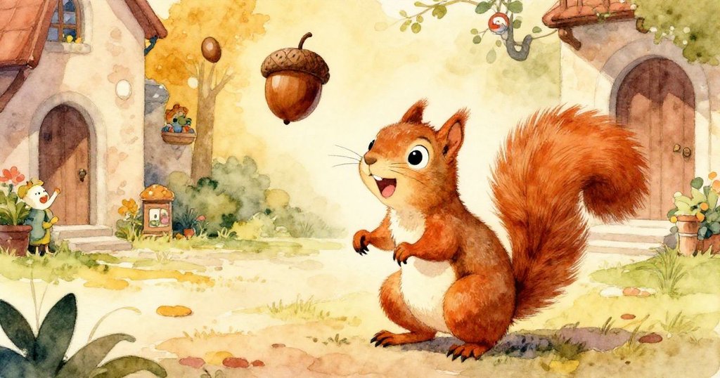 小松鼠快樂擁抱滾回的橡果，臉上洋溢著勝利喜悅，背景有歷史石塊與柔和光線，充滿慶祝氣氛