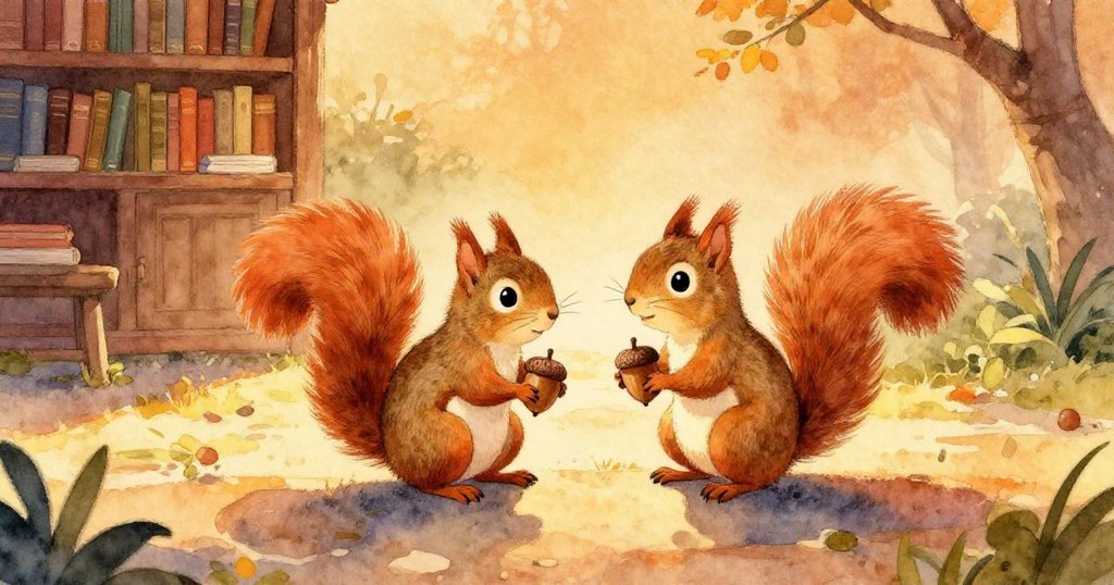 夕陽餘暉照耀閉館圖書館與靜謐庭院，小松鼠滿足地抱著橡果，和諧安寧結局展現美好溫暖