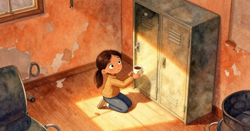 瑪拉在舊健身房倉庫中跪在塵埃飛揚的木地板上，靠近生鏽的櫃子，陽光灑落呈現堅定表情與溫暖氛圍。