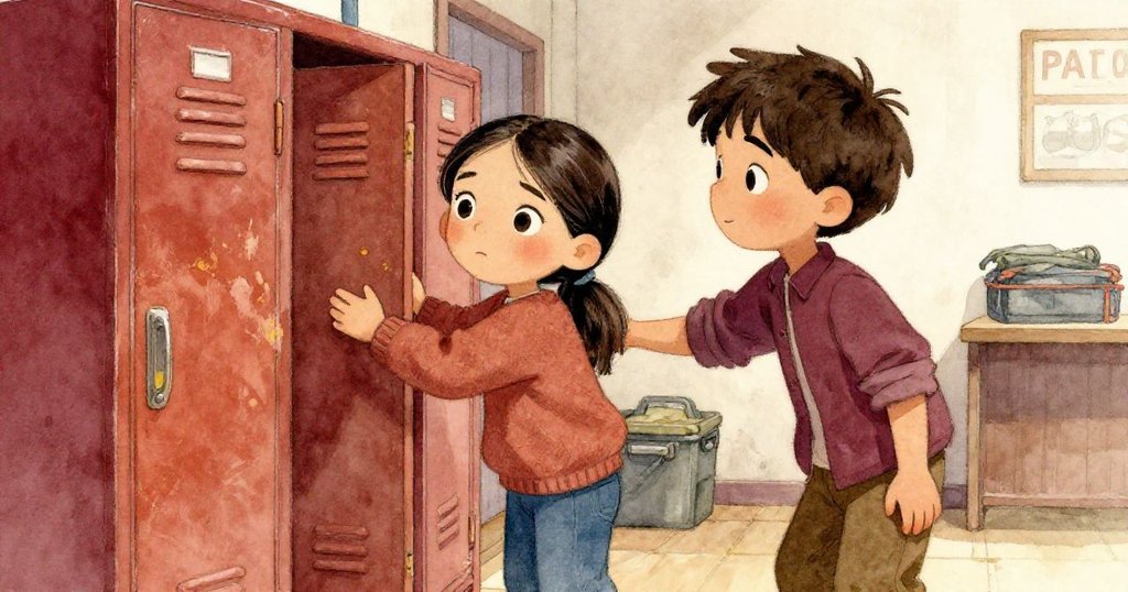 瑪拉仔細觸摸剝落油漆的櫃子，凱靜靜靠近提供協助，兩人動作互動展現暖色調老式健身房環境。