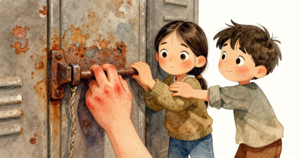 瑪拉與凱共同努力，特寫鏡頭清晰展示瑪拉用力觸碰生鏽櫃子把手，紅腫的手指與細節紋理相映成趣。