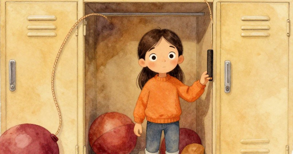 櫃子內部展現褪色跳繩懸掛於凋零球堆上，凱在背景靜觀，內部柔和光線產生懷舊水意感。