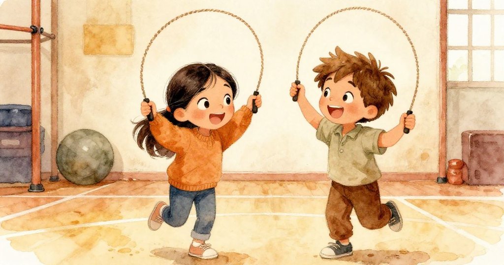 瑪拉與凱臉上展現出勝利喜悅，在舊健身房中舒展笑容，相互協作釋放堅持的跳繩記憶。