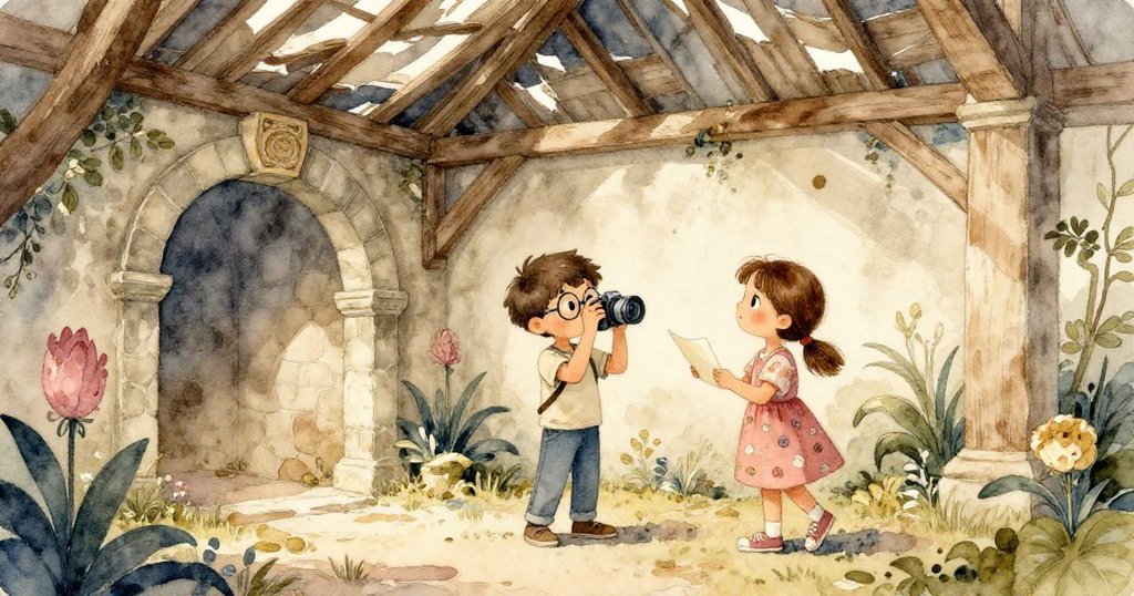 Leo 與 Maya 站在古老植物廳破碎屋頂下, Leo 調整相機, Maya 拿著筆記本, 好奇面對破碎拱門, 溫暖光影中展現冒險初始