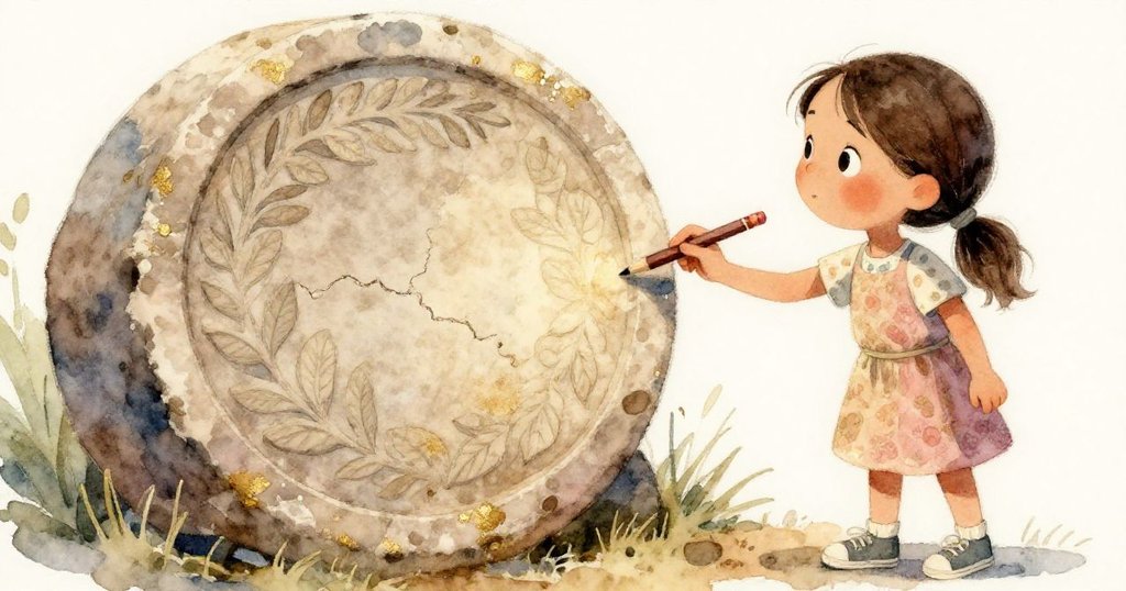 Maya 輕觸拱心石上葉子雕刻的細微裂縫, 手握鉛筆，專注檢查古老質感, 展現探索細節的好奇心