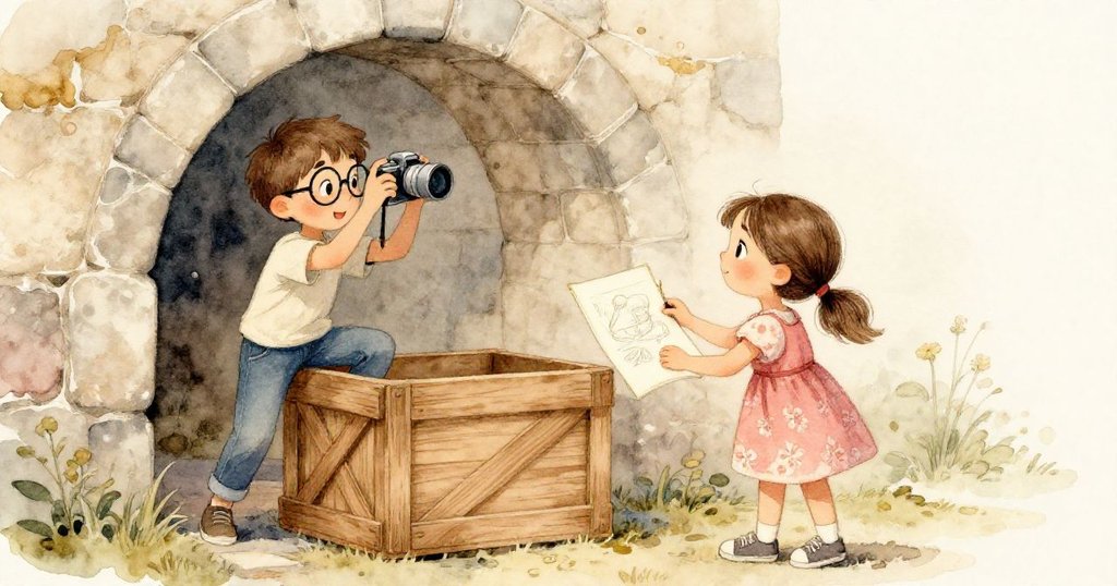 Leo 踏上木箱攀爬拍照, Maya 穩固木箱並記錄拱門細節, 兩人展現活力與探索精神, 古建背景溫暖明亮