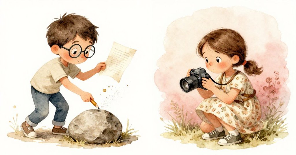 Maya 輕敲拱心石細裂縫, 紙片隨塵土飛揚, Leo 蹲身拍攝, 表情充滿驚奇與期待, 場景溫柔神秘