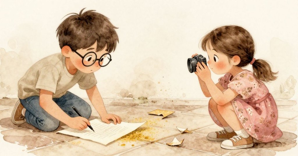 Maya 聚精會神記錄紙片摺痕與黃塵, Leo 蹲身拍攝飄散塵土, 場景溫暖而神秘, 表現探索之情