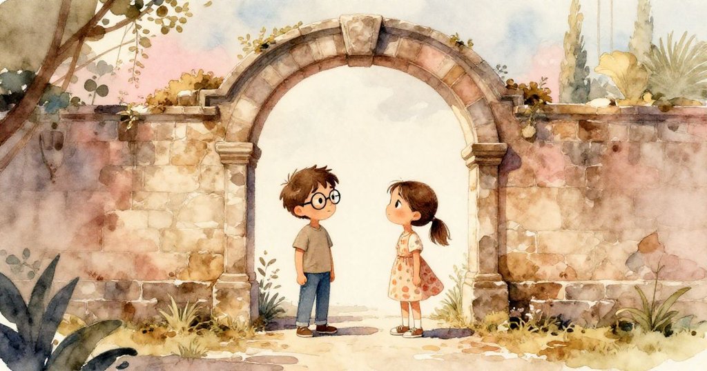 Leo 與 Maya 在傍晚柔光下對望, 站於古老拱門前, 面含沉思與期待, 景深寬闊呈現冒險未完待續的情懷