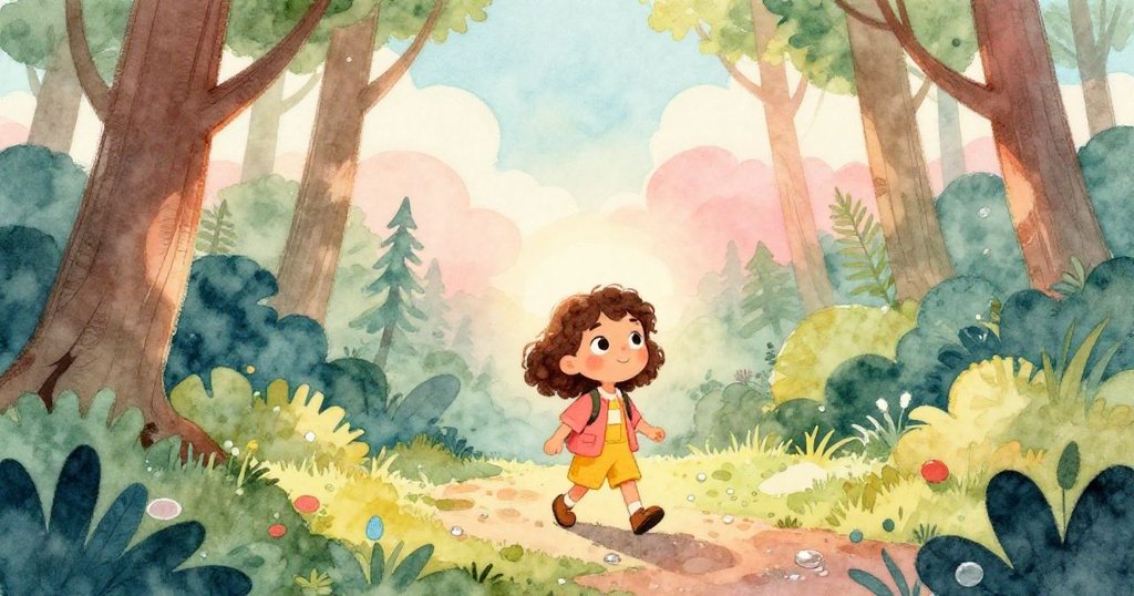 米拉在晨光中走在森林小徑上，尋找閃亮的葉子，臉上充滿期待與好奇，背景為晨曦點綴的樹林。