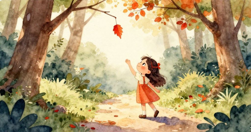 米拉伸手向上一片鮮紅的葉子，細膩枝條在晨光中閃爍，手部動作充滿期待，背景隱約呈現森林綠意。