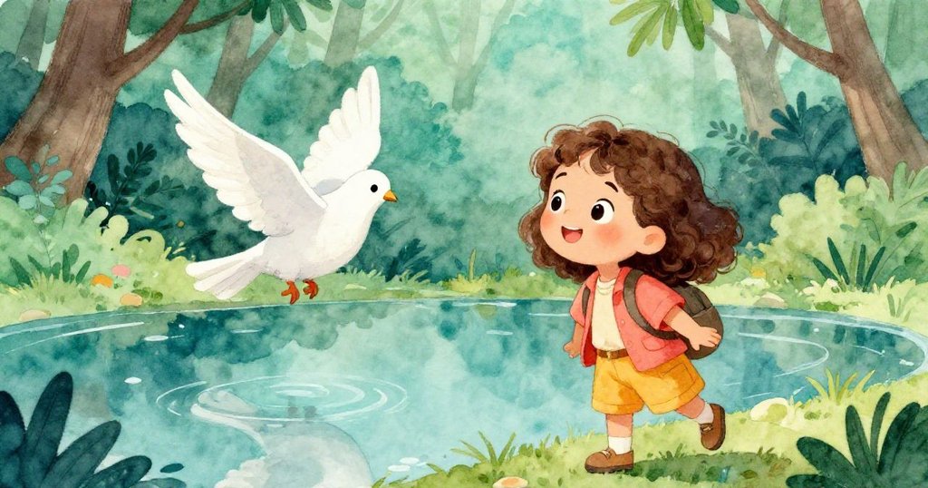 米拉站在森林邊的池塘旁，水面映出她與飛來的白鴿及搖曳枝葉，整體景象充滿寧靜與詩意。