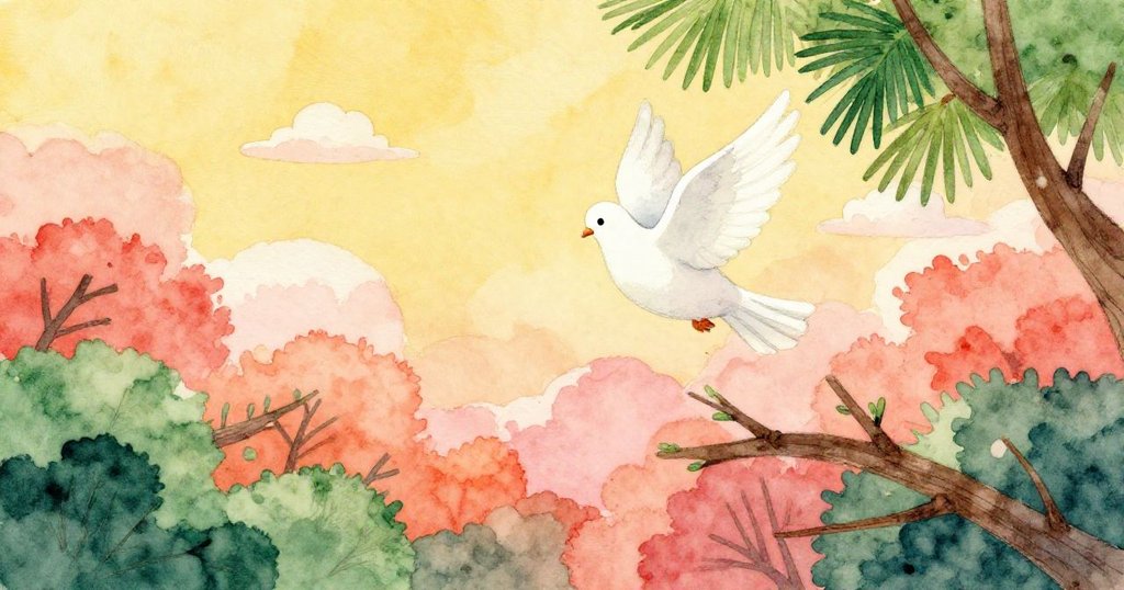 從高處俯瞰森林，枝葉交錯形成天然拱門，白鴿在柔和雲朵下翩翩飛舞，整個畫面充滿魔幻與寬廣感。