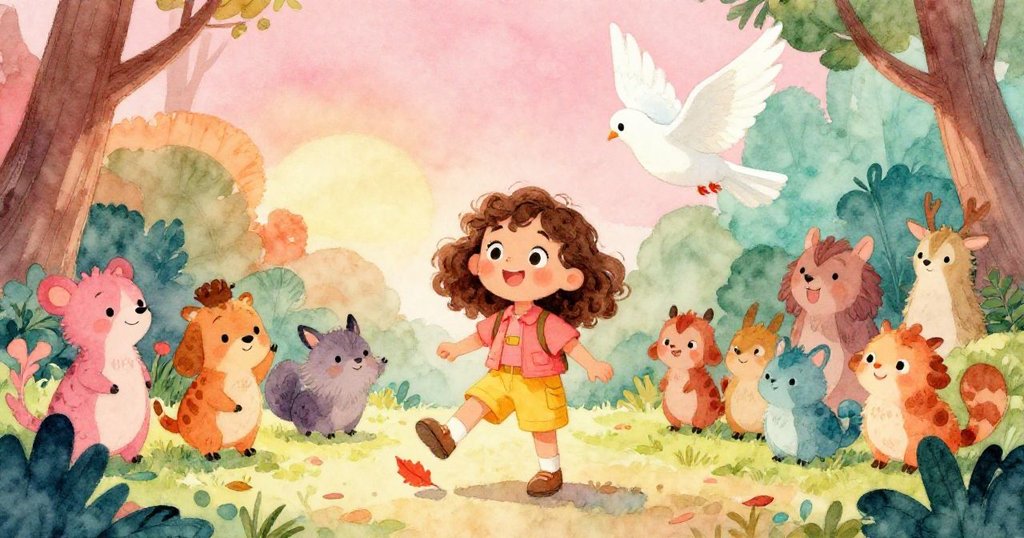 米拉欣喜地撿起掉落在鞋旁的紅葉，森林裡的松鼠、鳥兒及小兔圍繞慶祝，鴿子亦在旁邊飛舞，充滿歡樂氣氛。