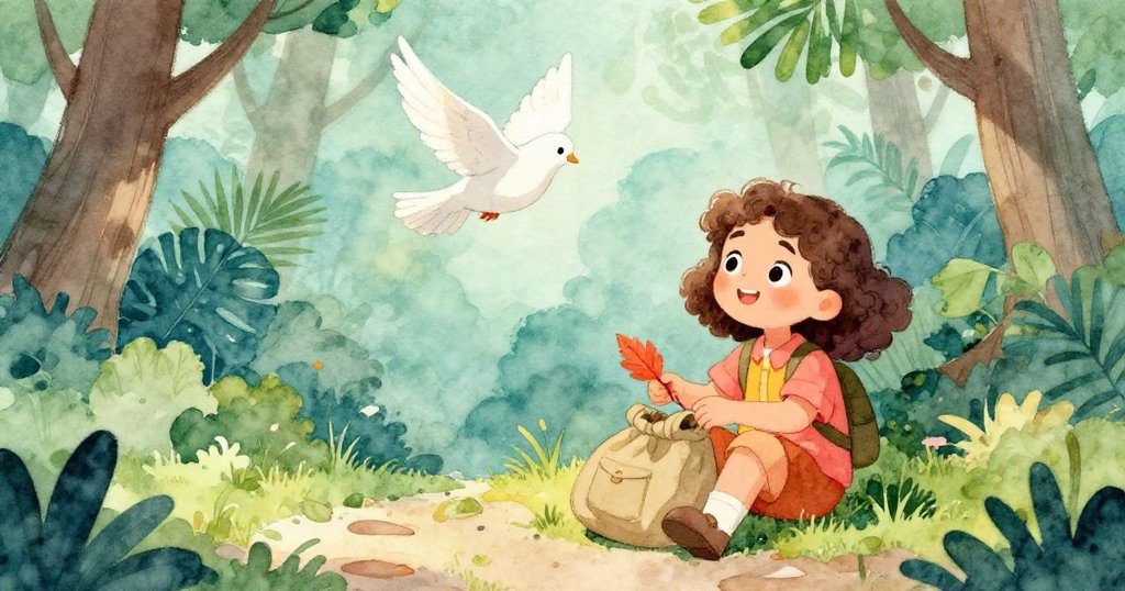 米拉靜靜坐在森林小徑旁，將紅葉輕放入包中，白鴿遠飛，柔和雲朵飄過，充滿溫馨離別情懷。