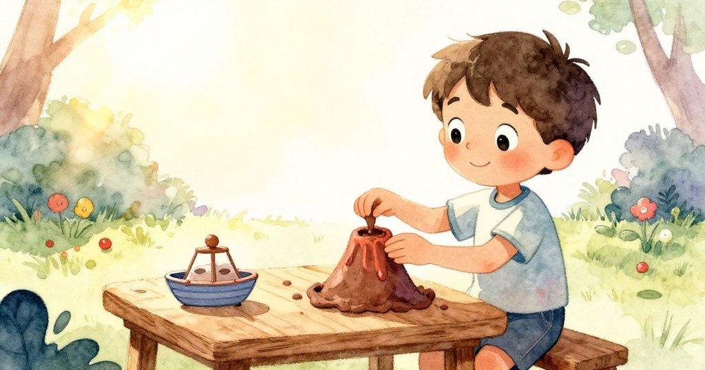 米洛在明亮庭院的木桌前準備火山實驗，他在午後暖陽中展現堅定好奇，開始了科學探索的旅程。