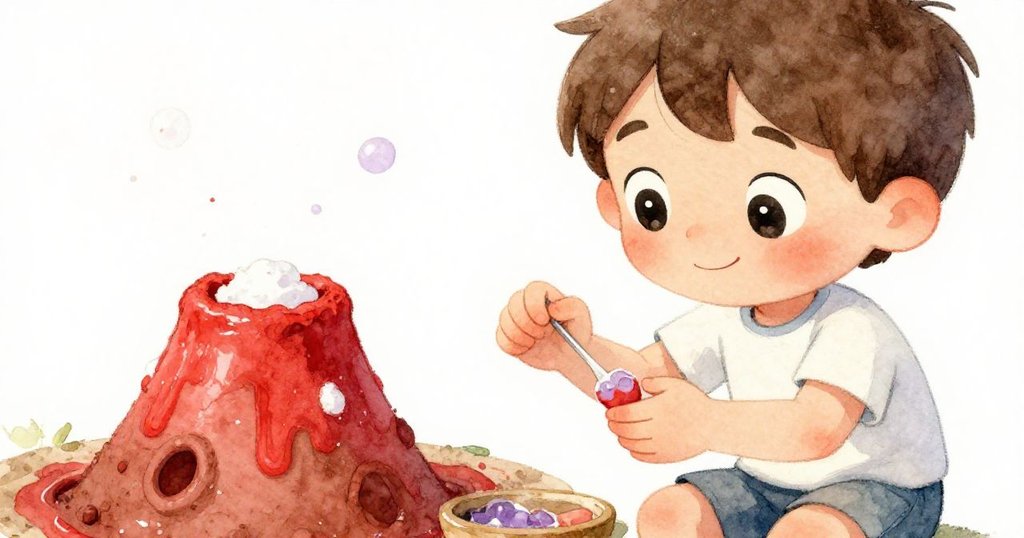 米洛細心檢視火山模型，眼神流露出好奇與興奮，手部細致操作展現實驗細節。