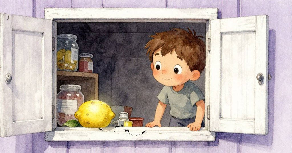 米洛在車庫內透過窗戶探索，發現覆塵檸檬與螞蟻蹤跡，滿懷驚奇展開新發現。