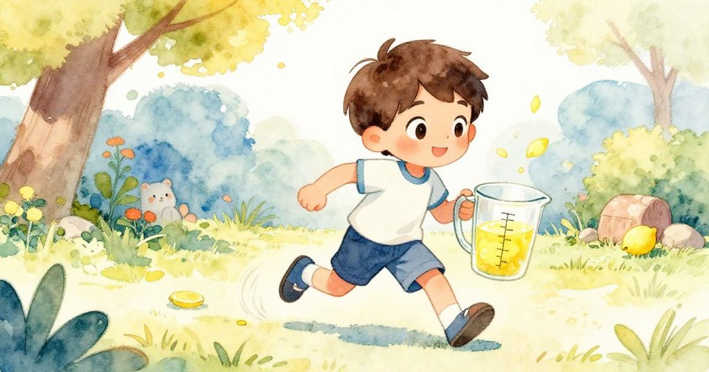 米洛急速從車庫趕回庭院，手持量杯盛滿檸檬汁，臉上流露堅定與緊張，展現時間變化。