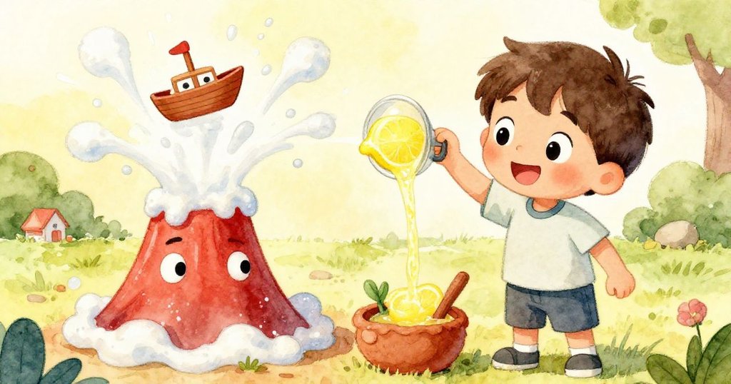 米洛倒入檸檬汁引發火山模型爆發泡沫，玩具船被彩色泡沫擊中，庭院充滿歡笑與驚喜。