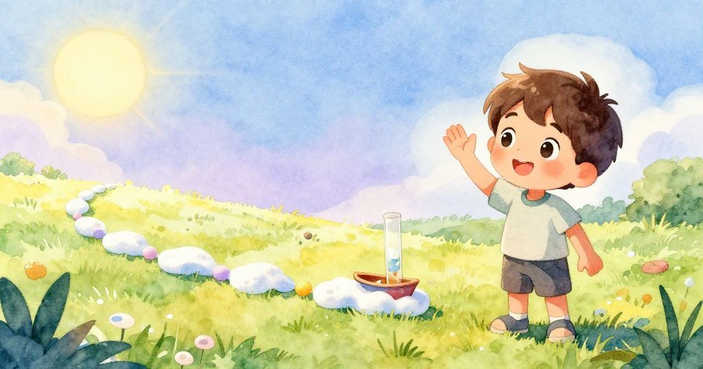 米洛與實驗依依告別，揮手微笑看著玩具船順著彩色泡沫水流飄遠，庭院溫馨安靜，故事圓滿落幕。