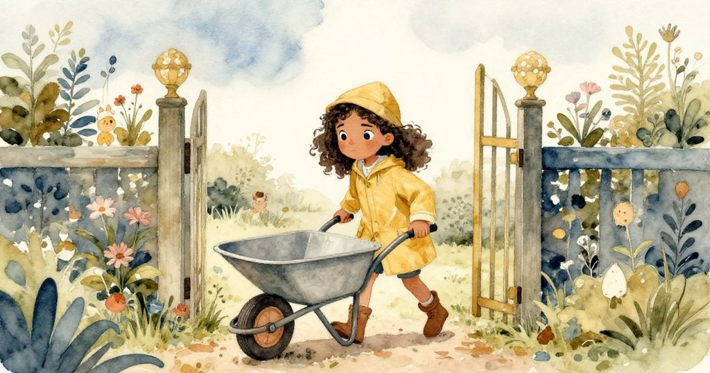 瑪雅拉著空推車步入社區花園門口，表情堅定，背景有朦朧雨雲與生機綠意，充滿冒險期待。