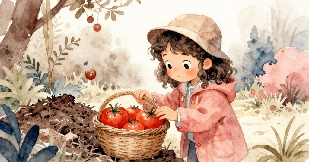 瑪雅在堆肥旁仔細檢查搖晃的番茄籃，手輕觸鮮豔蔬果，表情充滿關切與期待。