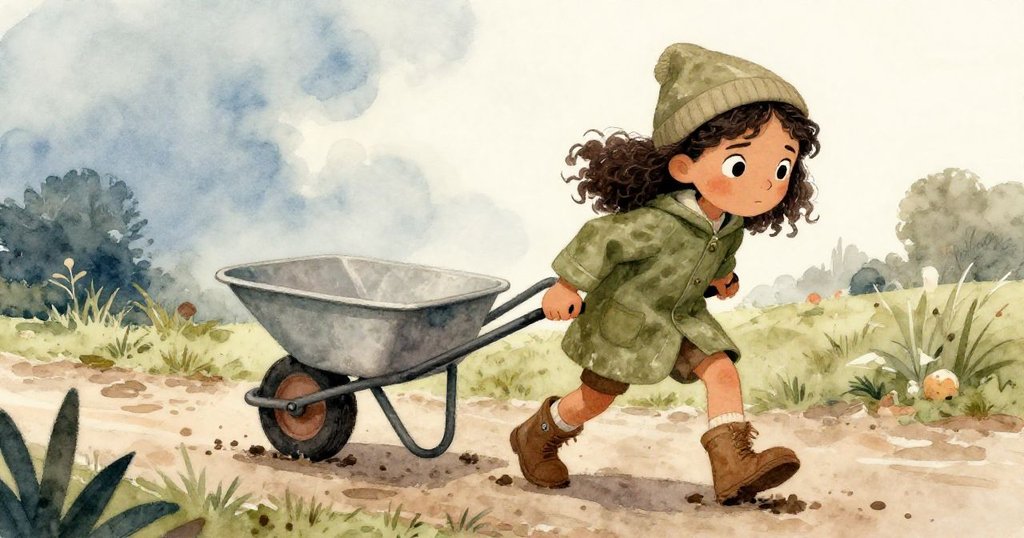 瑪雅使盡力氣從黏泥小路上搬動卡住的推車，低角度展示其堅毅表情與濕潤環境。