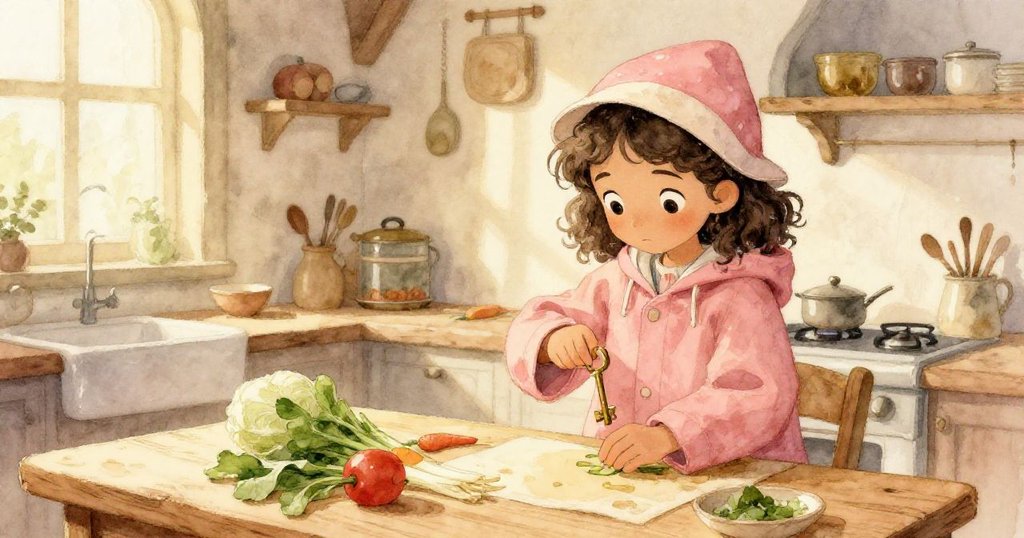 瑪雅在溫暖廚房中擦拭黃銅鑰匙，準備料理湯品，室內燈光柔和，家味十足充滿希望。