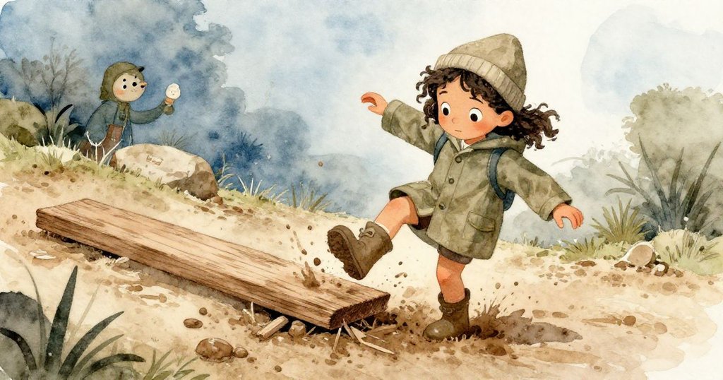 瑪雅在黏泥小路上滑倒，膝蓋頂到搖晃木板，努力面對困難，表情既痛苦又堅毅。