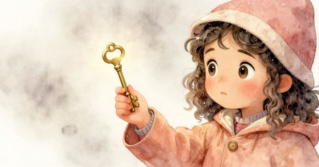 瑪雅靜靜凝視手中黃銅鑰匙，細雨霧中感受奇遇意義，眼神充滿驚奇與堅定。