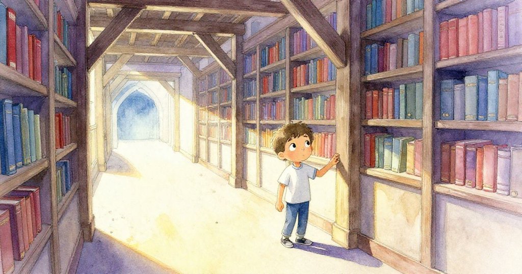 Milo打開老舊服務門進入塵封圖書館走廊，表情好奇略帶緊張，背景呈現斜角構圖與暖色神秘光影。