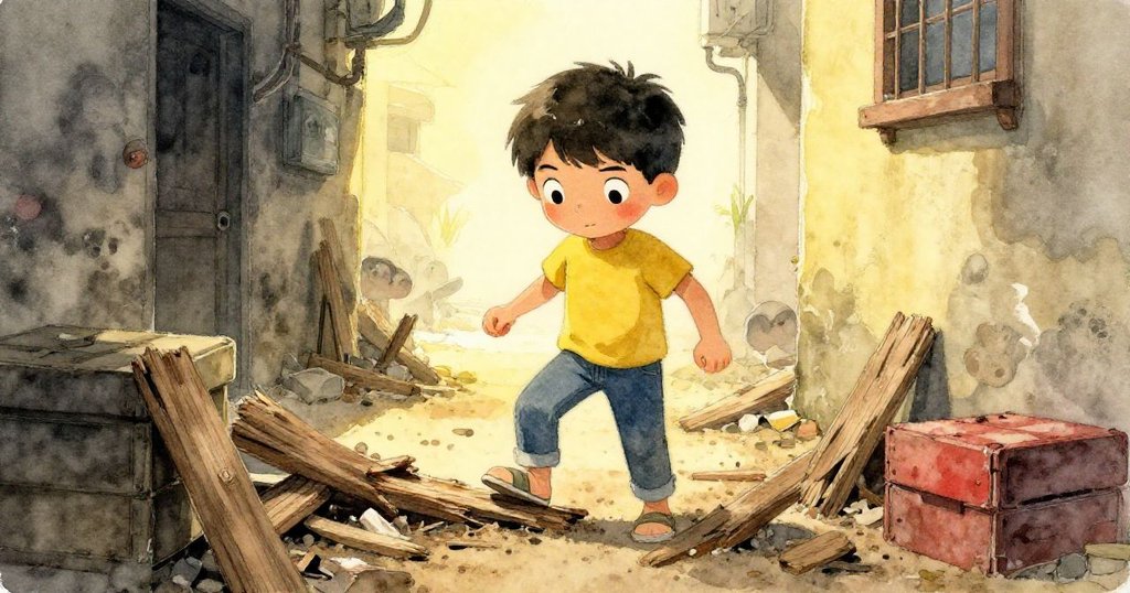 Milo小心跨越破舊木板與碎箱，堅定腳步在塵封地面上掀起細微塵埃，展現探索精神與細膩質感。