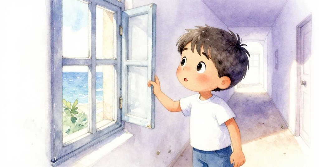 Milo停下來仔細觸摸封閉斑駁的窗戶，臉上充滿驚奇，在柔和光影中感受老圖書館的歷史氣息。