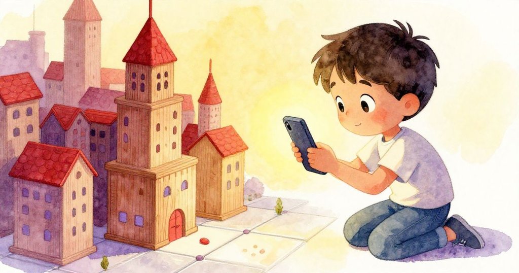 Milo滿臉喜悅，輕觸微型木製城堡的細節，溫暖光線照亮隱藏奇景，流露探索成功的驚奇與快樂。