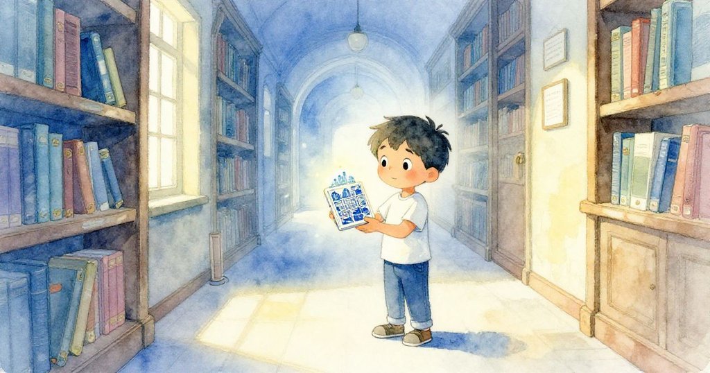 Milo安靜站在古老圖書館走廊，手持釋放出微光的瓷磚與隱藏城堡，柔和燈光營造出平靜滿足的結局。