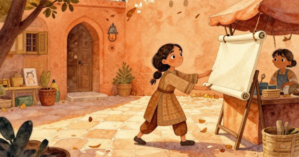 清晨市場庭院裡，Leila拉著滾起畫布，乾葉灑落映襯堅定與期待的神情，情境平靜充滿溫暖感。