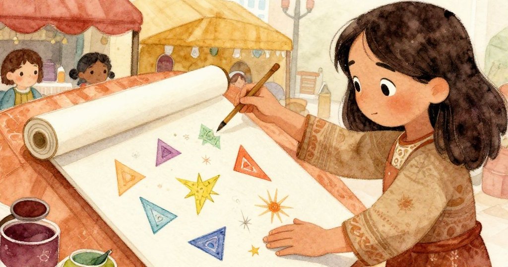 市場攤位前，Leila細心拉開畫布，手部特寫展現鮮豔色彩與星圖，臉上流露出驚奇與專注。