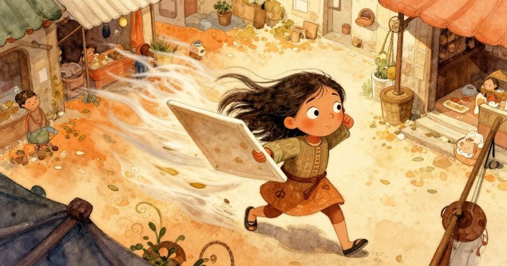 上方俯瞰，Leila面對強風掀起的翻飛畫布，以堅毅與驚訝抵抗風勢，庭院中落葉飛舞展現動感。