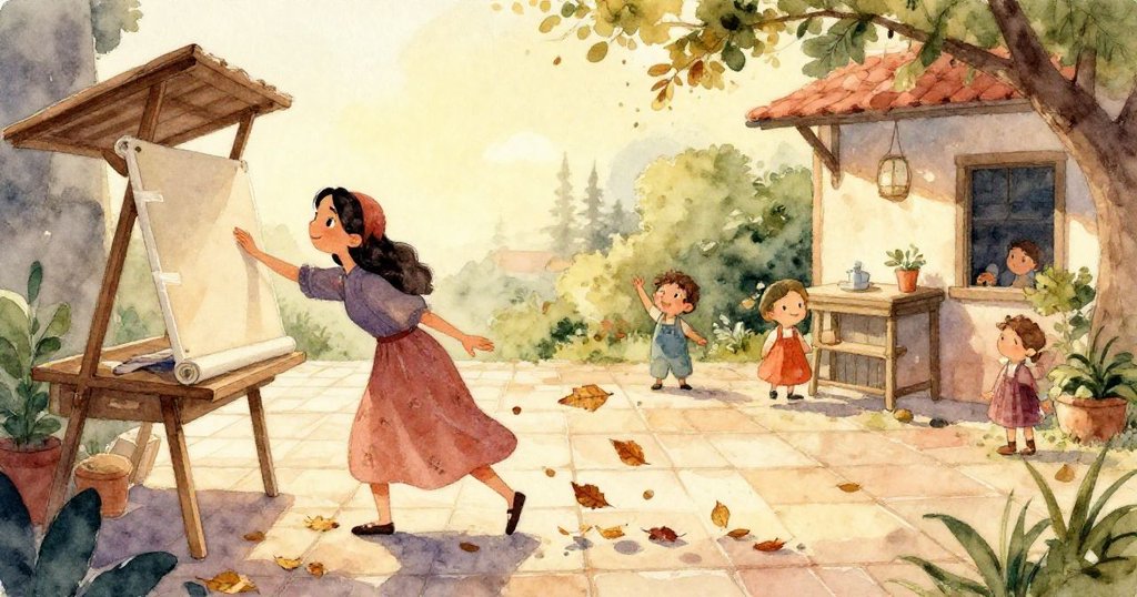 中景展現市場攤位旁木桿和桌子支撐著飛舞畫布，工具與風力交織出堅持與脆弱的美。