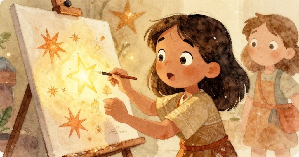 Leila重新整理畫布時驚喜發現隱藏星圖，眼神中流露出溫暖與神秘喜悅，市場背景細膩動人。