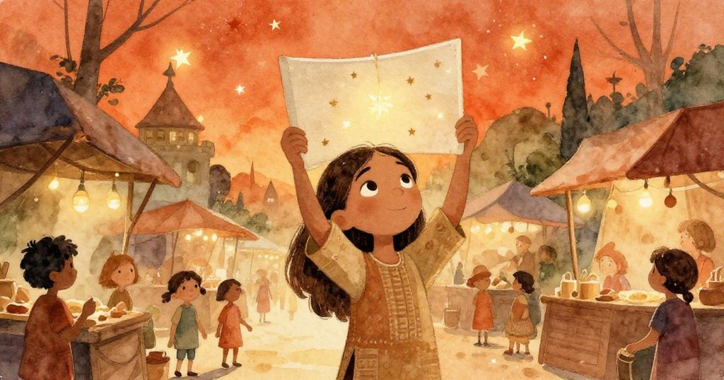 市場全景中，Leila最後固定畫布，星空圖樣隨風搖曳，晨光中展現神秘與和諧，完結動人溫馨。