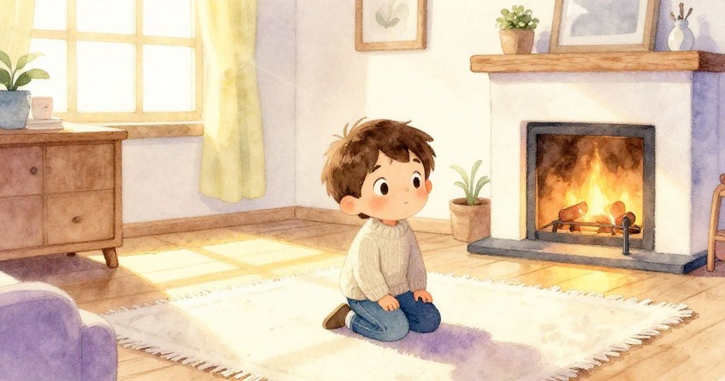 Sam蹲在溫暖的房間裡，晨光輕灑，背景有木質家具與壁爐，表情充滿好奇，展開一天的冒險。