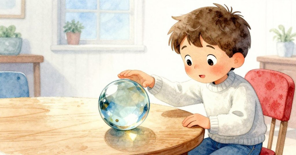 Sam伸手輕觸桌上閃亮的玻璃彈珠，展示細節與光影，整體溫馨家居背景中充滿探索驚喜。